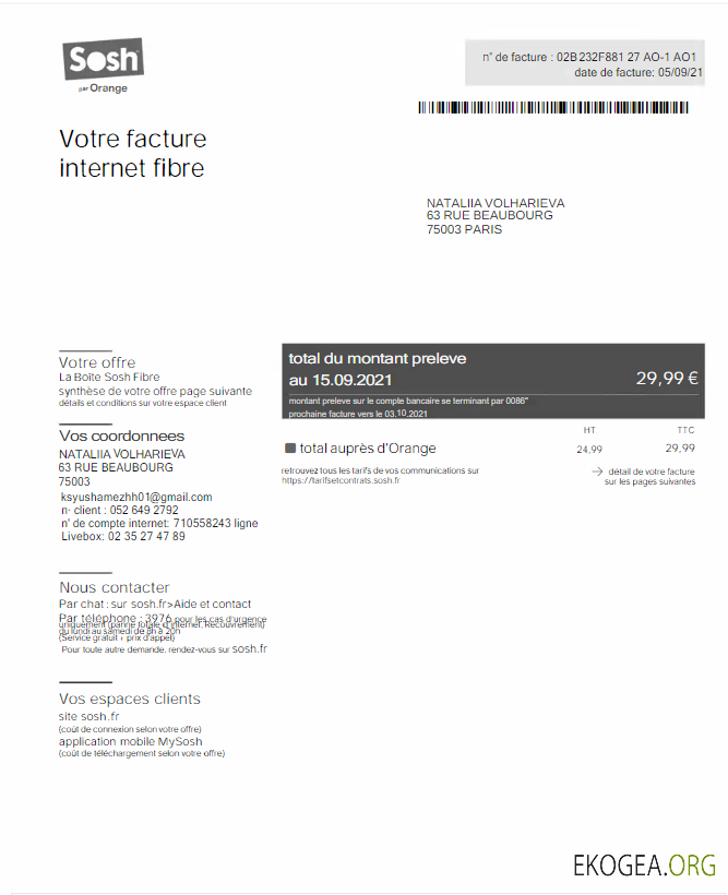 France Sosh utility bill word and pdf template